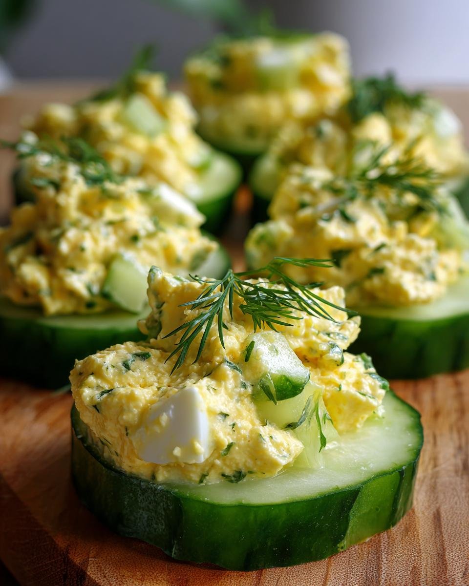 Close-up of Low Carb Cucumber Egg Salad served atop thick slices of fresh cucumber, garnished with dill.