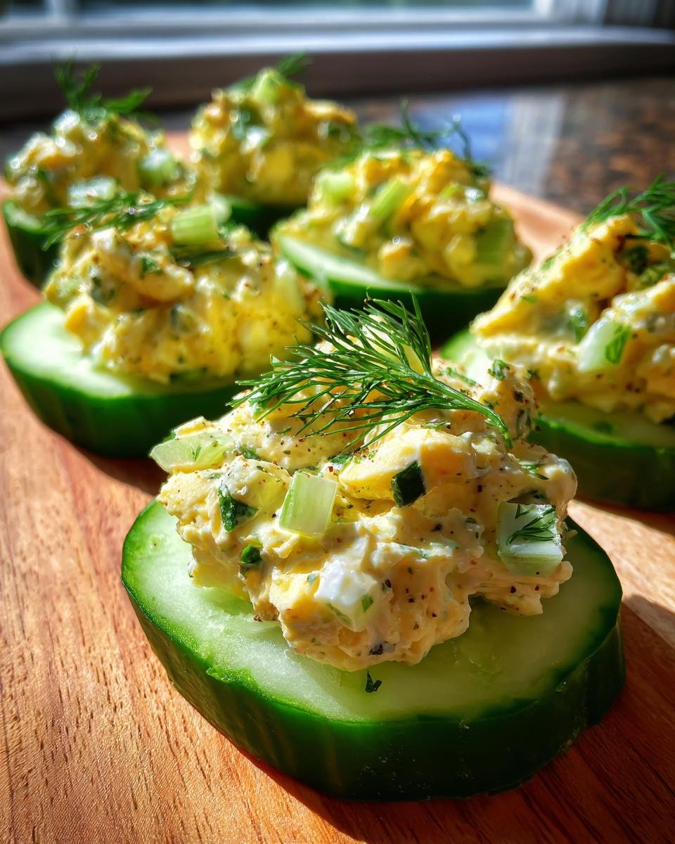 Close-up of Low Carb Cucumber Egg Salad piled onto thick slices of fresh cucumber, garnished with dill.
