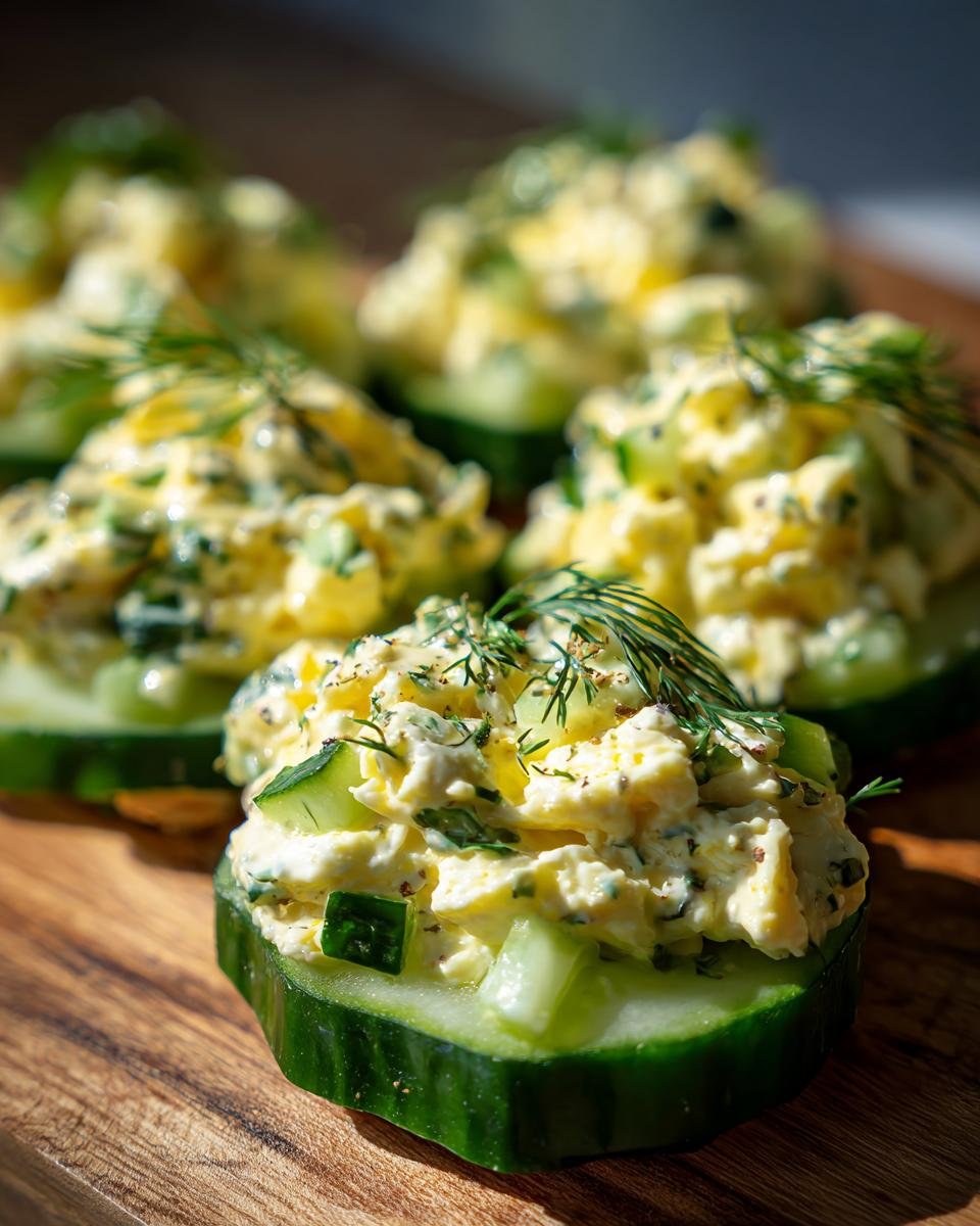 Close-up of Low Carb Cucumber Egg Salad served atop thick slices of fresh cucumber, garnished with dill.