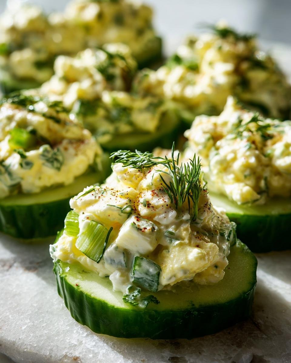 Close-up of Low Carb Cucumber Egg Salad served atop thick cucumber slices, garnished with dill.