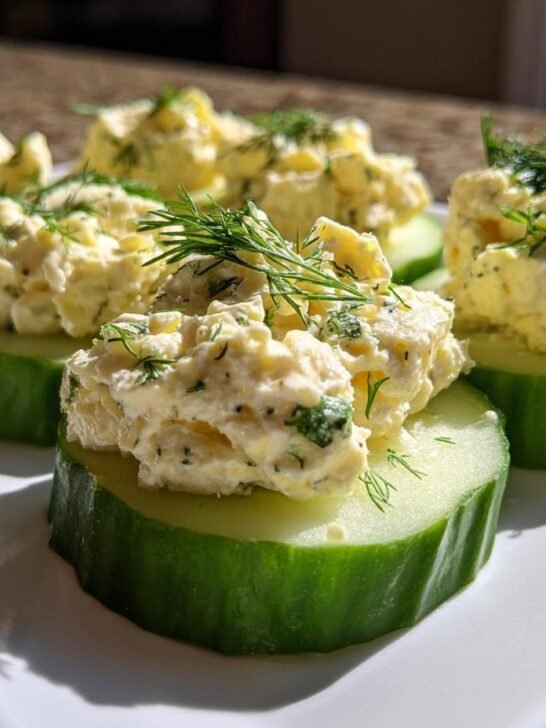 Several servings of Low Carb Cucumber Egg Salad piled onto thick cucumber slices and garnished with fresh dill.