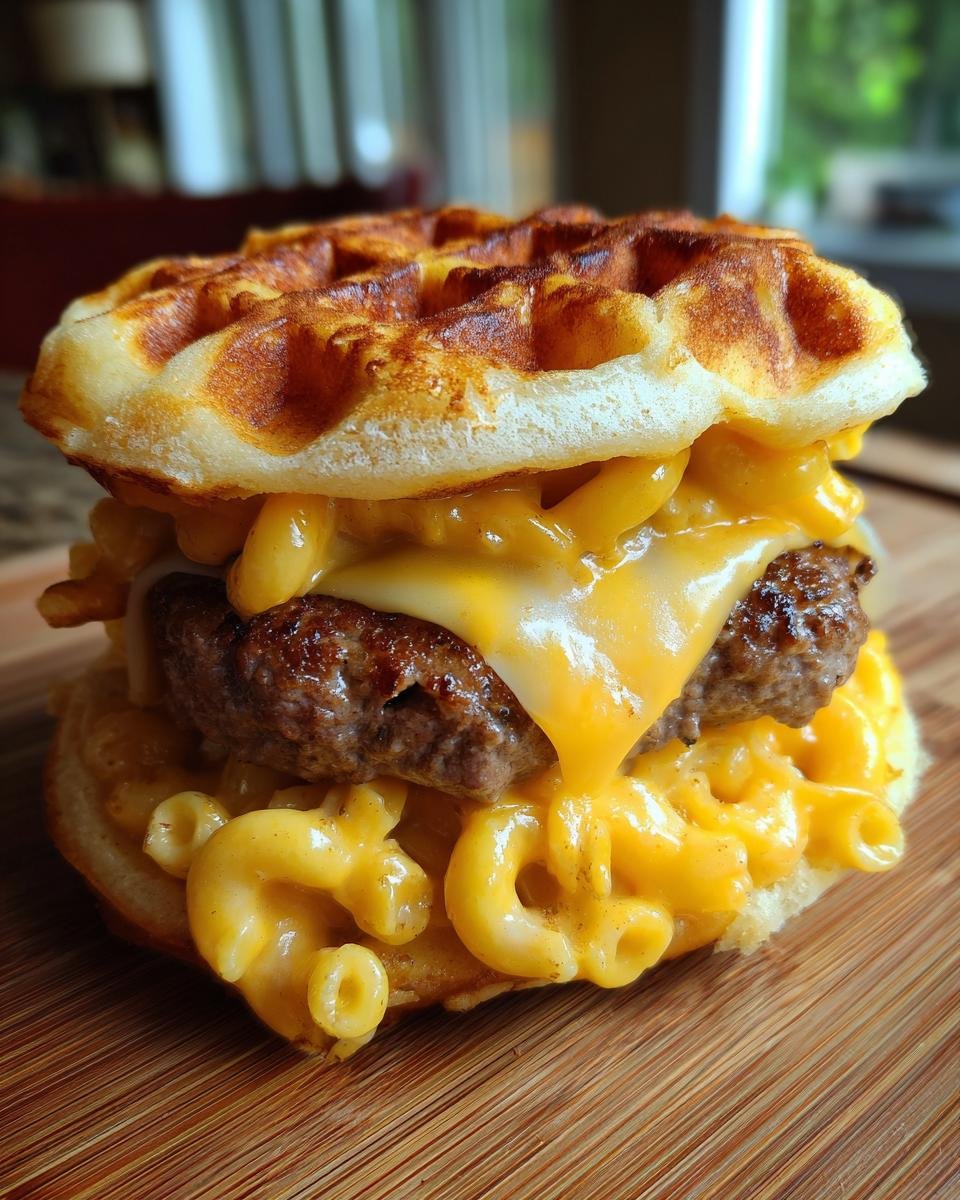 A close-up of a decadent Macaroni And Cheese Waffle Cheeseburger with melted cheese dripping over the patty.