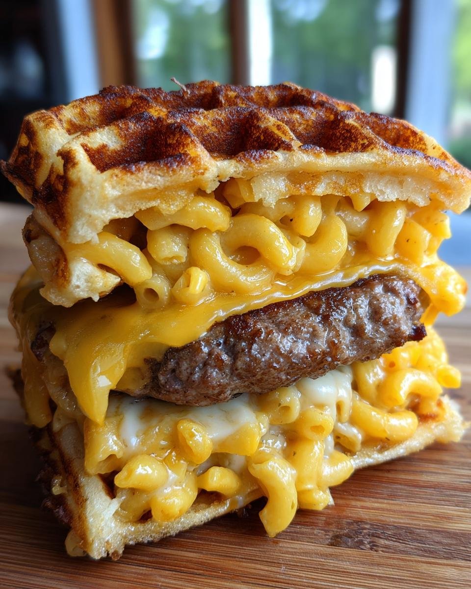 A decadent cross-section view of a Macaroni And Cheese Waffle Cheeseburger showing a beef patty between two macaroni and cheese layers, held by waffle buns.