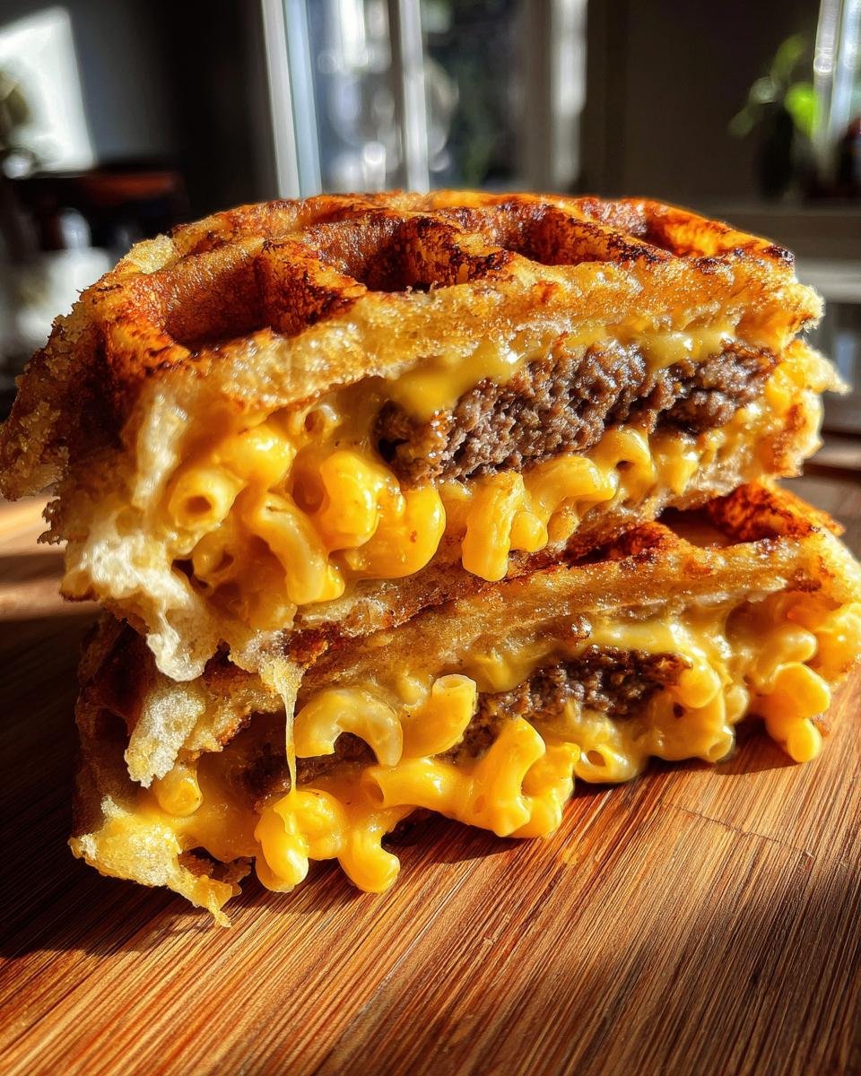 Cross-section of a decadent Macaroni And Cheese Waffle Cheeseburger showing melted cheese and macaroni oozing out.