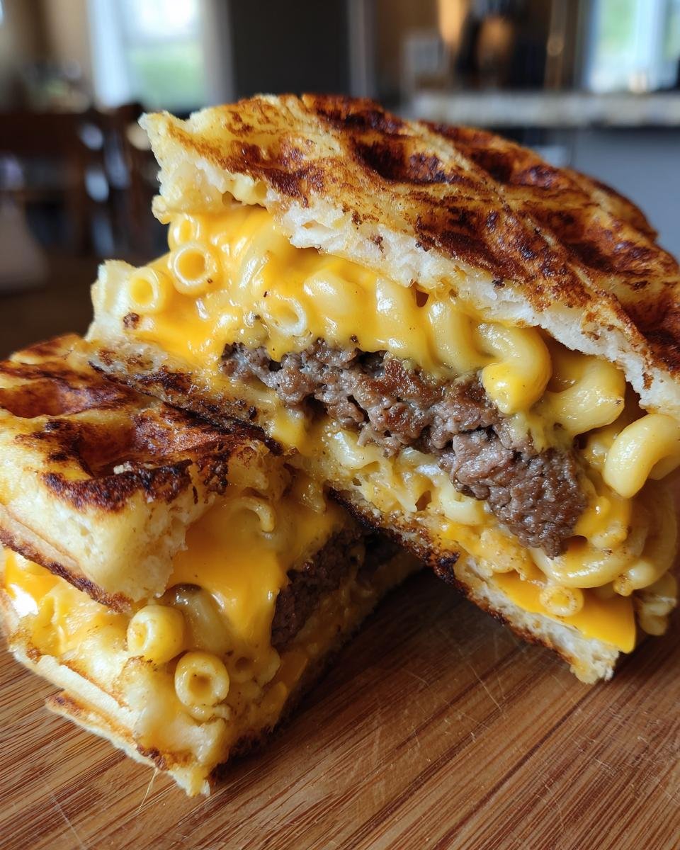 Close-up of a Macaroni And Cheese Waffle Cheeseburger cut in half, showing melted cheese, macaroni, and a beef patty inside waffle buns.