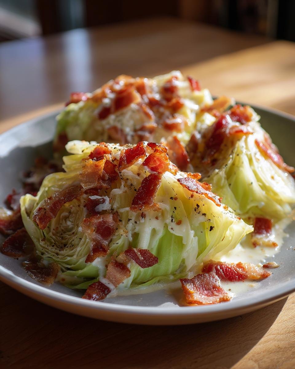 Two wedges of Marry Me Melting Cabbage covered in creamy sauce and crispy bacon bits.
