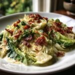 Close-up of Marry Me Melting Cabbage wedges covered in creamy sauce, bacon bits, and seasoning.