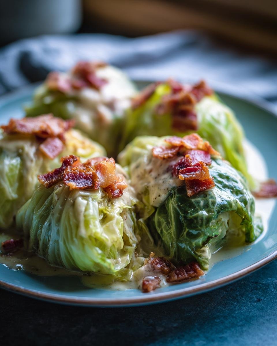 Four servings of Marry Me Melting Cabbage topped with creamy sauce and crispy bacon bits on a blue plate.