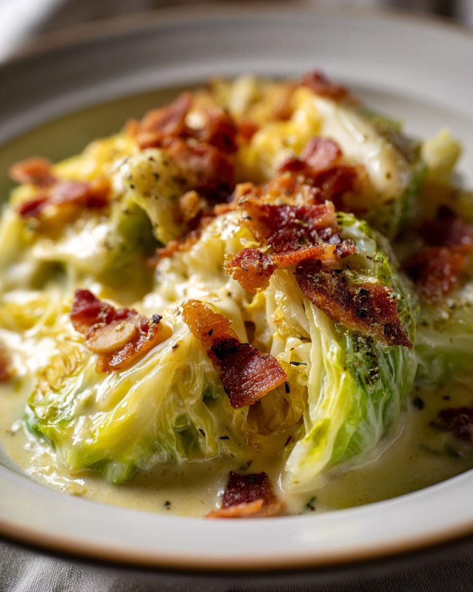 Close-up of Marry Me Melting Cabbage wedges smothered in creamy sauce and topped with crispy bacon bits.
