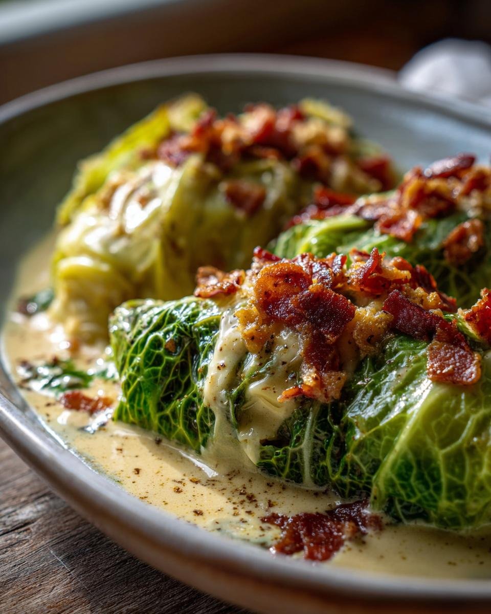 Close-up of Marry Me Melting Cabbage rolls smothered in creamy sauce and topped with crispy bacon bits.