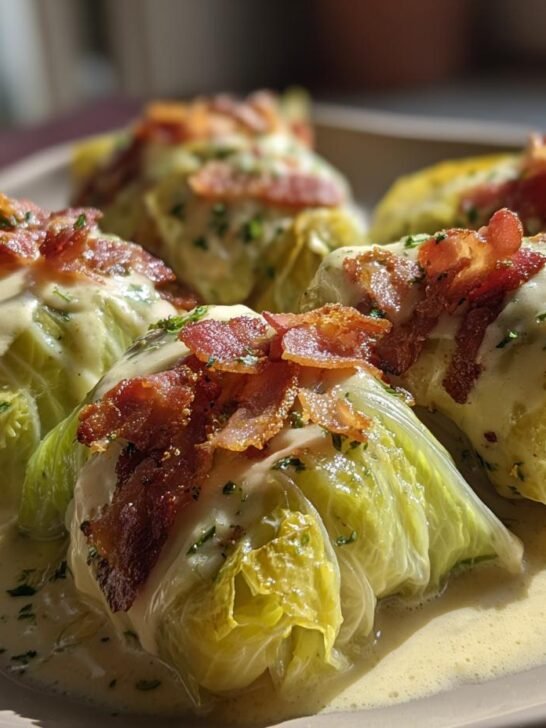 Four servings of Marry Me Melting Cabbage wrapped in leaves, covered in a creamy sauce and topped with crispy bacon bits.