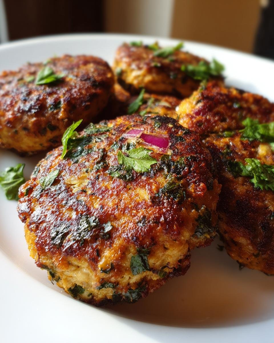 Close-up of several golden-brown Mediterranean Chicken Patties garnished with fresh parsley and red onion.