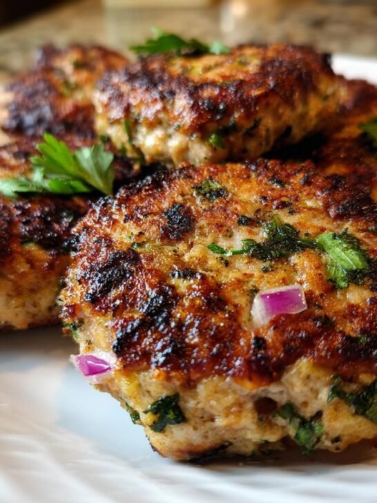 Close-up of several golden-brown, pan-seared Mediterranean Chicken Patties garnished with fresh parsley on a white plate.
