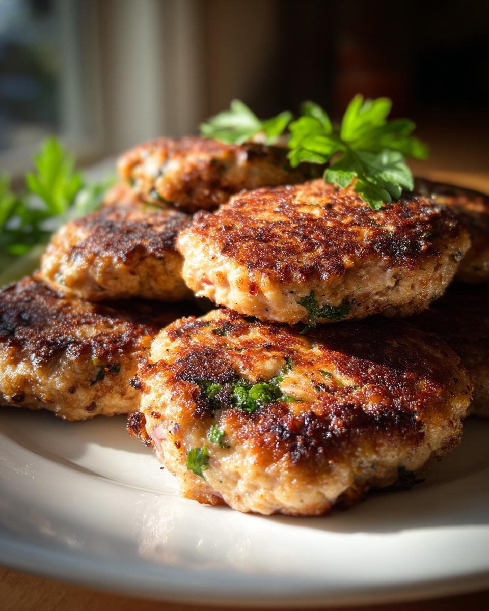 A stack of freshly pan-fried Mediterranean Chicken Patties, beautifully browned and garnished with fresh parsley.
