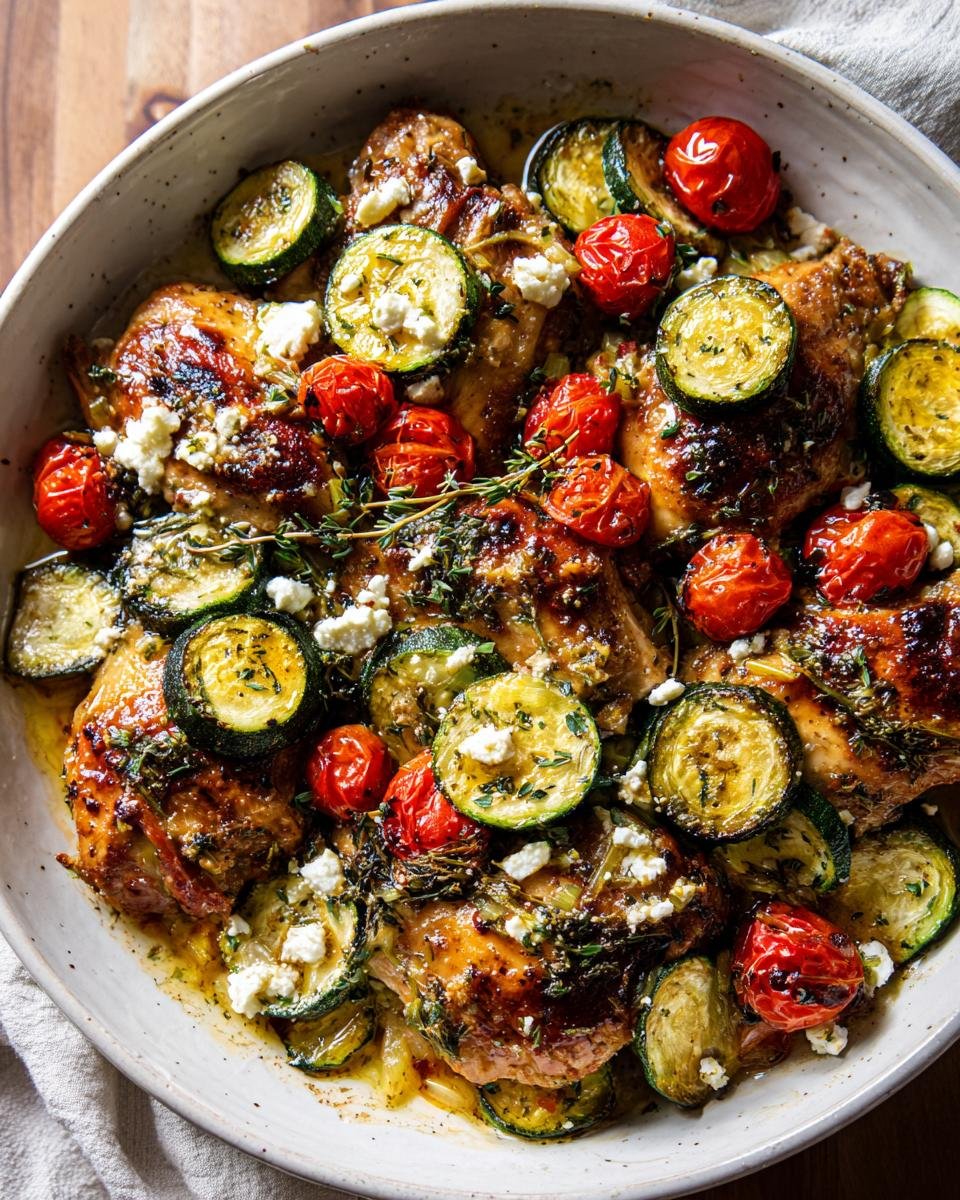 Close-up of Mediterranean Chicken Zucchini Bake with roasted tomatoes and feta cheese.