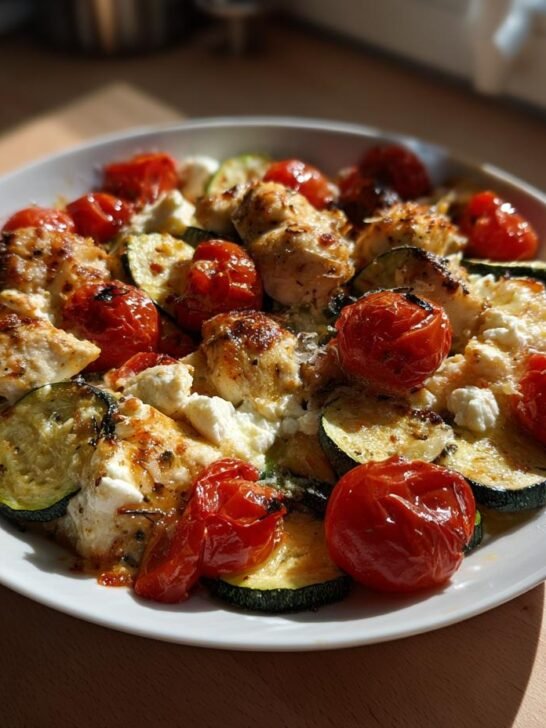 A white plate filled with Mediterranean Chicken Zucchini Bake featuring roasted chicken pieces, sliced zucchini, cherry tomatoes, and feta cheese.