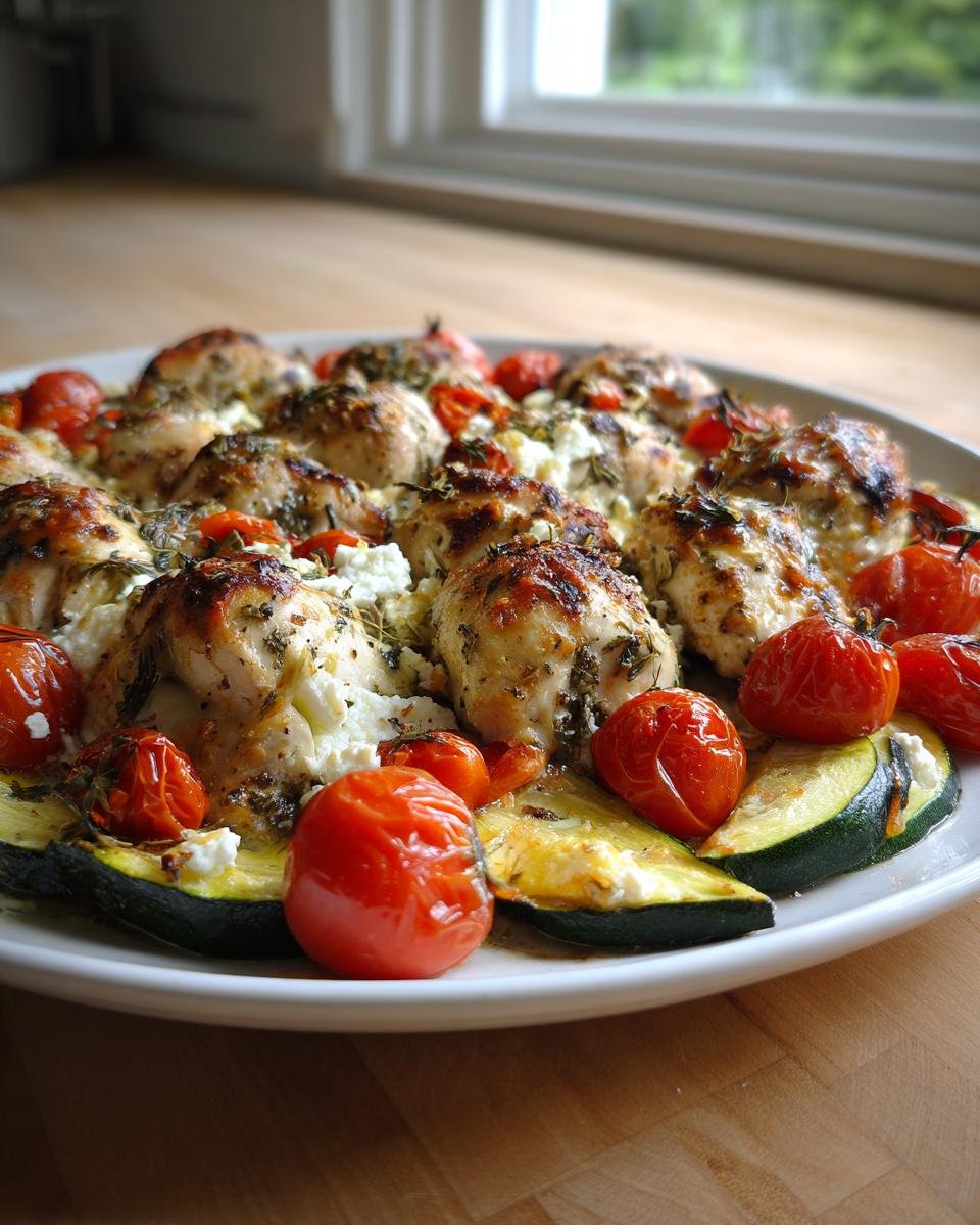 Platter of Mediterranean Chicken Zucchini Bake featuring browned chicken pieces, roasted cherry tomatoes, and zucchini slices topped with feta.