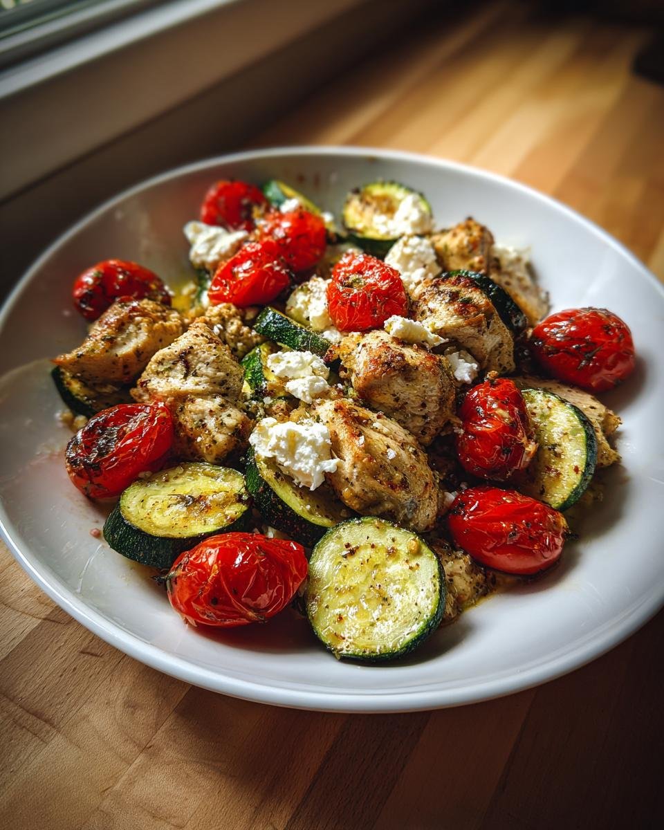 Close-up of Mediterranean Chicken Zucchini Bake with roasted tomatoes and feta cheese in a white bowl.