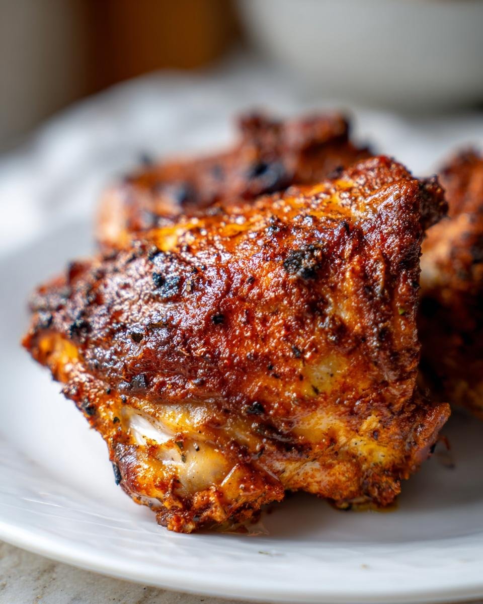 Close-up of perfectly cooked Middle Eastern Baharat Baked Chicken Thighs with crispy, spiced skin.
