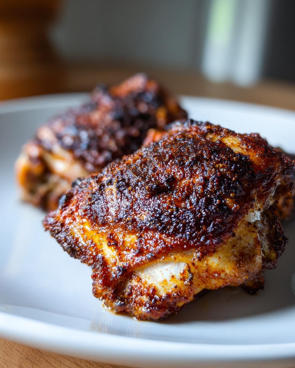 Close-up of crispy, dark-spiced Middle Eastern Baharat Baked Chicken Thighs on a white plate.