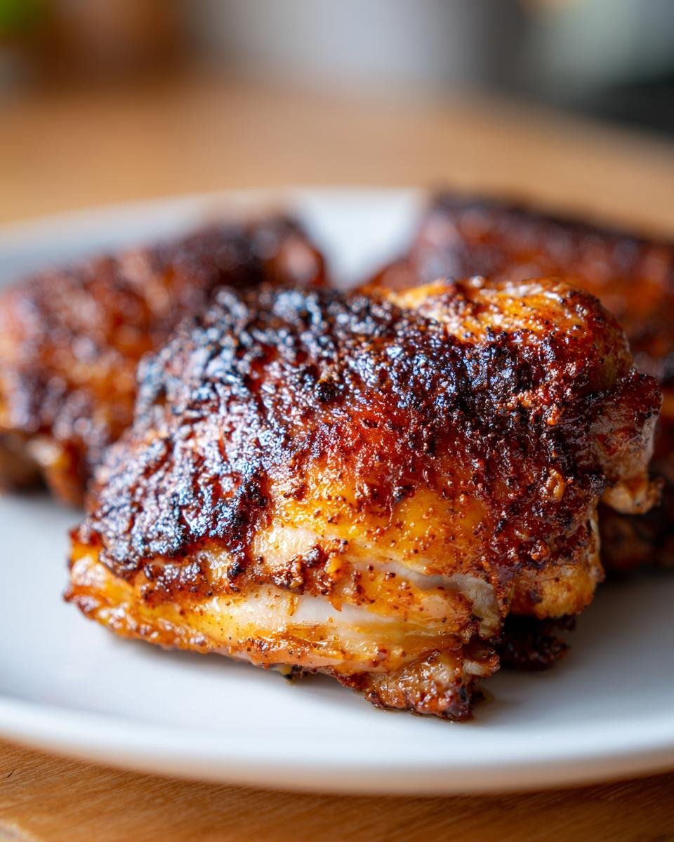 Close-up of a perfectly baked Middle Eastern Baharat Baked Chicken Thighs with crispy, dark seasoning.