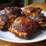 Close-up of five juicy Middle Eastern Baharat Baked Chicken Thighs with a dark, spiced crust on a white plate.