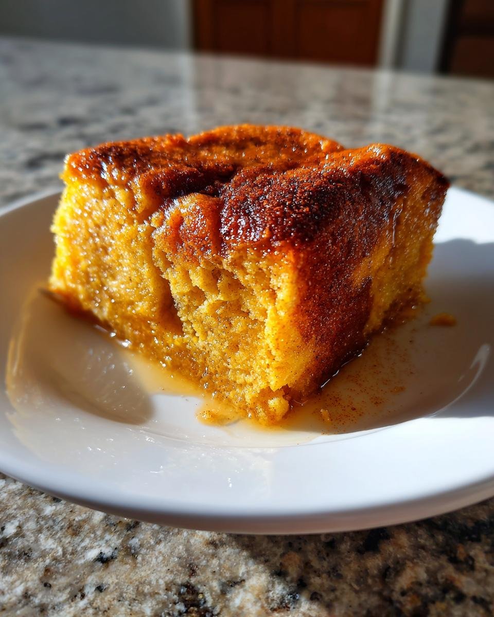 A close-up of a moist, square serving of Pumpkin Bread Pudding Recipe, glistening with syrup on a white plate.