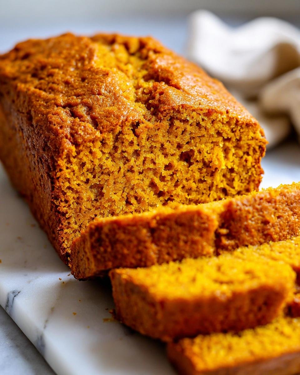 Close-up of a loaf of moist Pumpkin Bread Recipe, partially sliced on a marble surface.