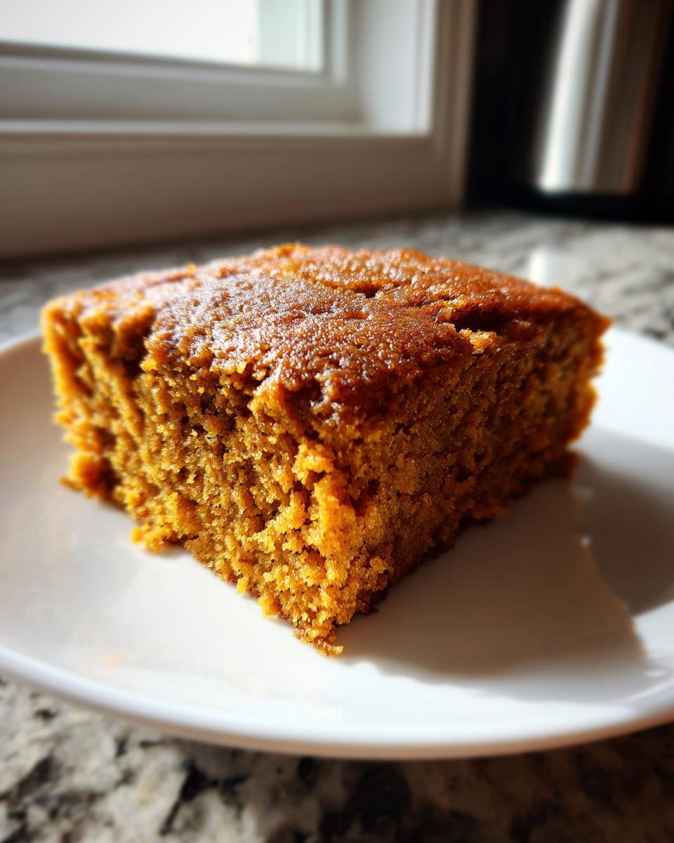 A close-up, sunlit slice of moist Pumpkin Spice Cake resting on a white plate.