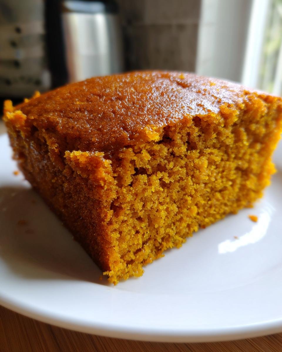 Close-up of a moist, orange slice of Pumpkin Spice Cake resting on a white plate.