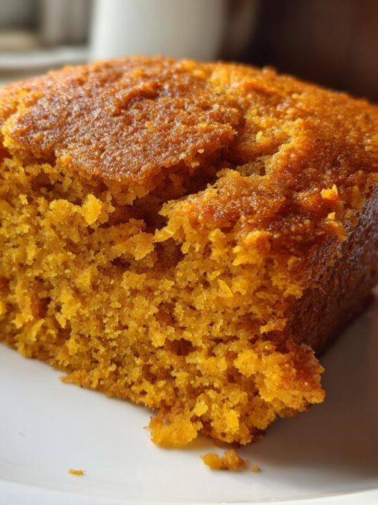 Close-up of a moist, square slice of bright orange Pumpkin Spice Cake served on a white plate.