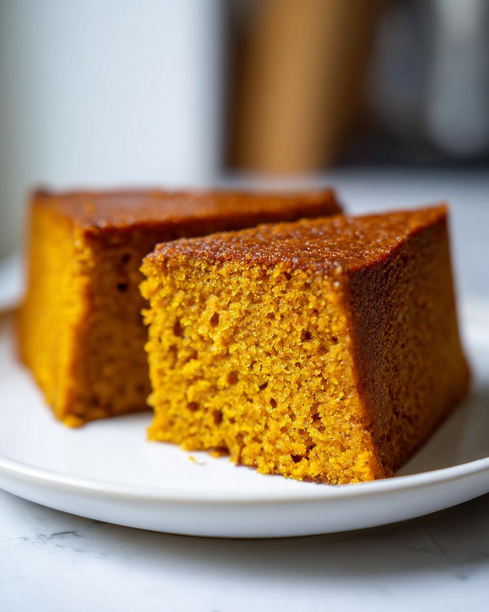 Two moist, square slices of vibrant orange Pumpkin Spice Cake resting on a white plate.