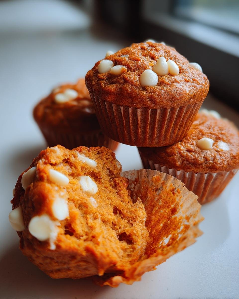 A close-up of several Moist Pumpkin White Chocolate Chip Muffins, one broken open showing the moist interior and white chocolate chips.