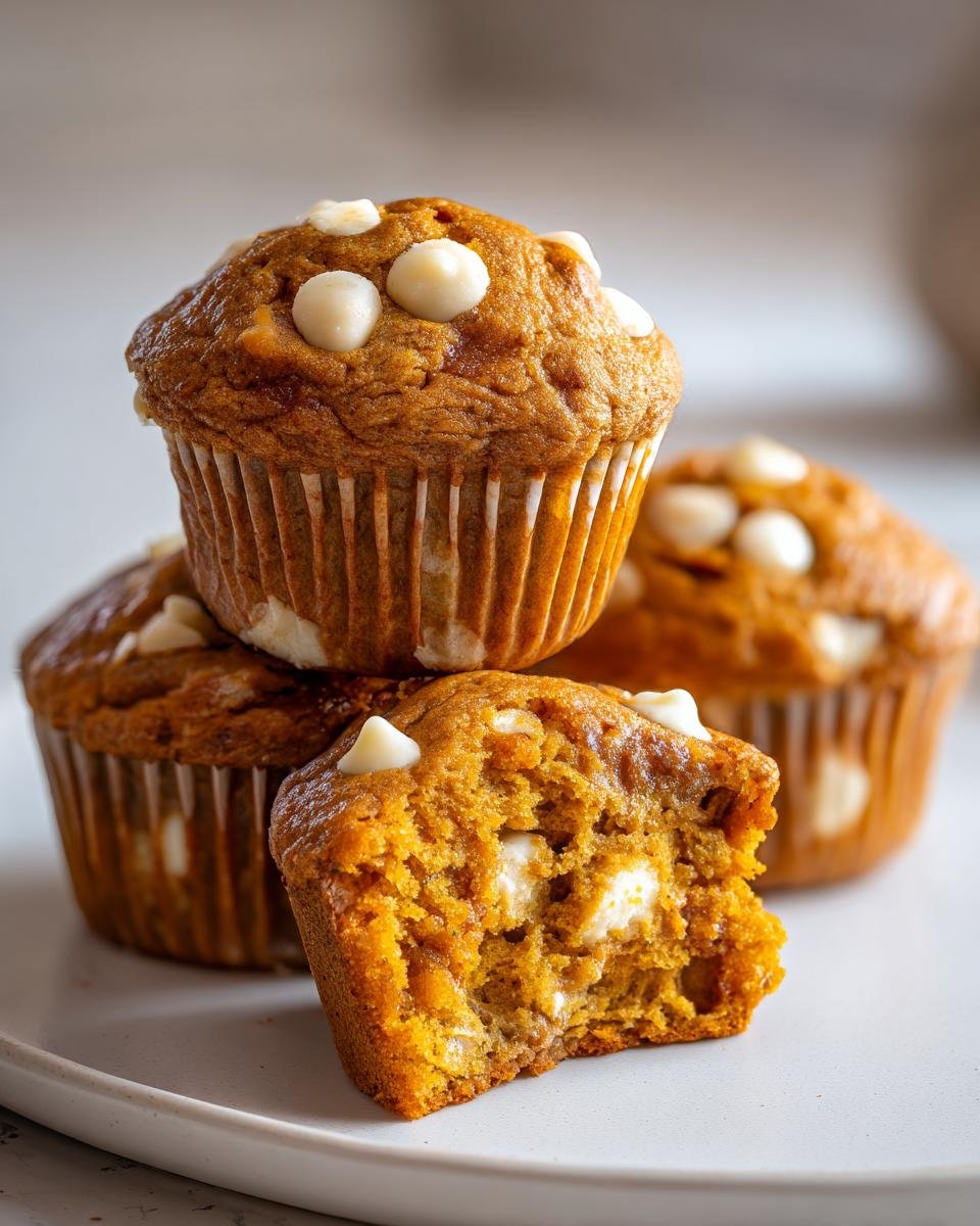 Close-up of Moist Pumpkin White Chocolate Chip Muffins, one broken open showing the texture and white chocolate chips.