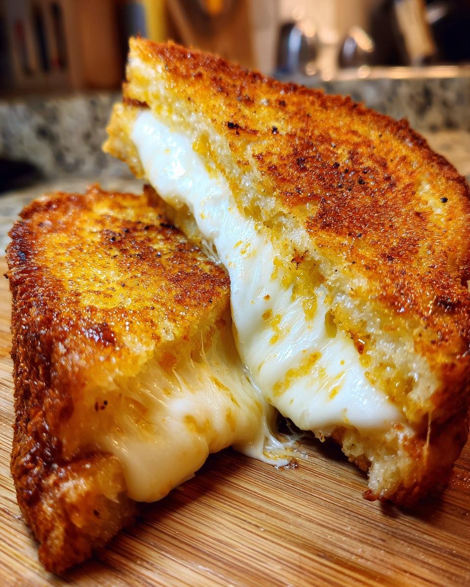 Close-up of Mozzarella In Carrozza cut in half, showing melted, stretchy mozzarella cheese.
