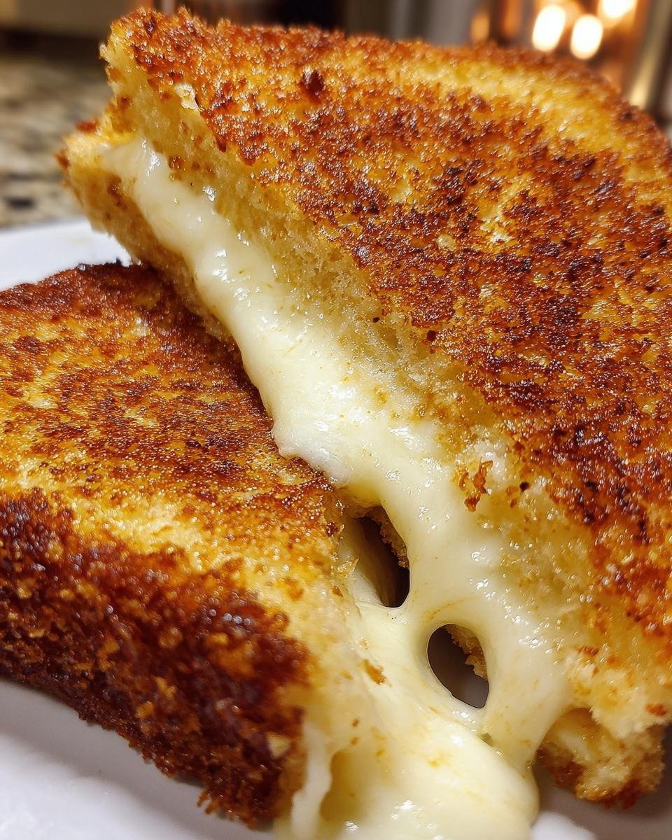Close-up of golden-brown Mozzarella In Carrozza sandwich cut in half, showing melted mozzarella cheese stretching out.