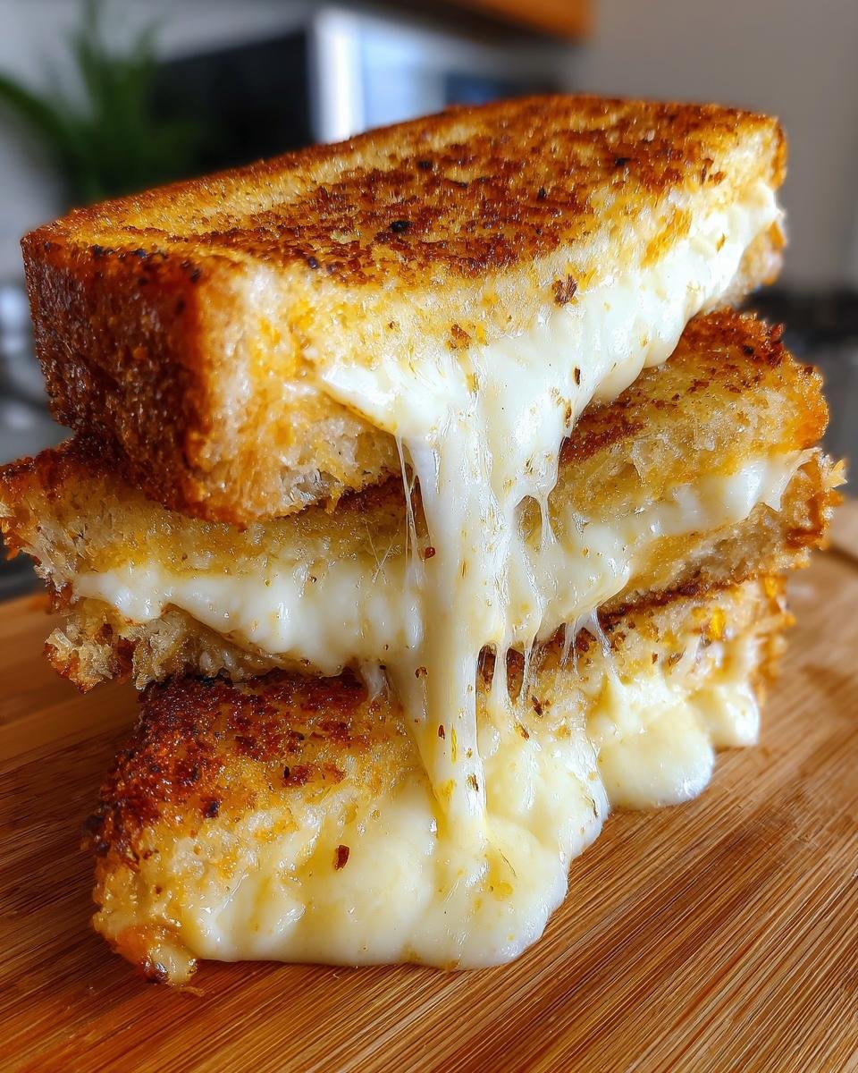 Close-up of stacked Mozzarella In Carrozza sandwiches with extremely melted, gooey mozzarella cheese stretching between the golden-brown bread.