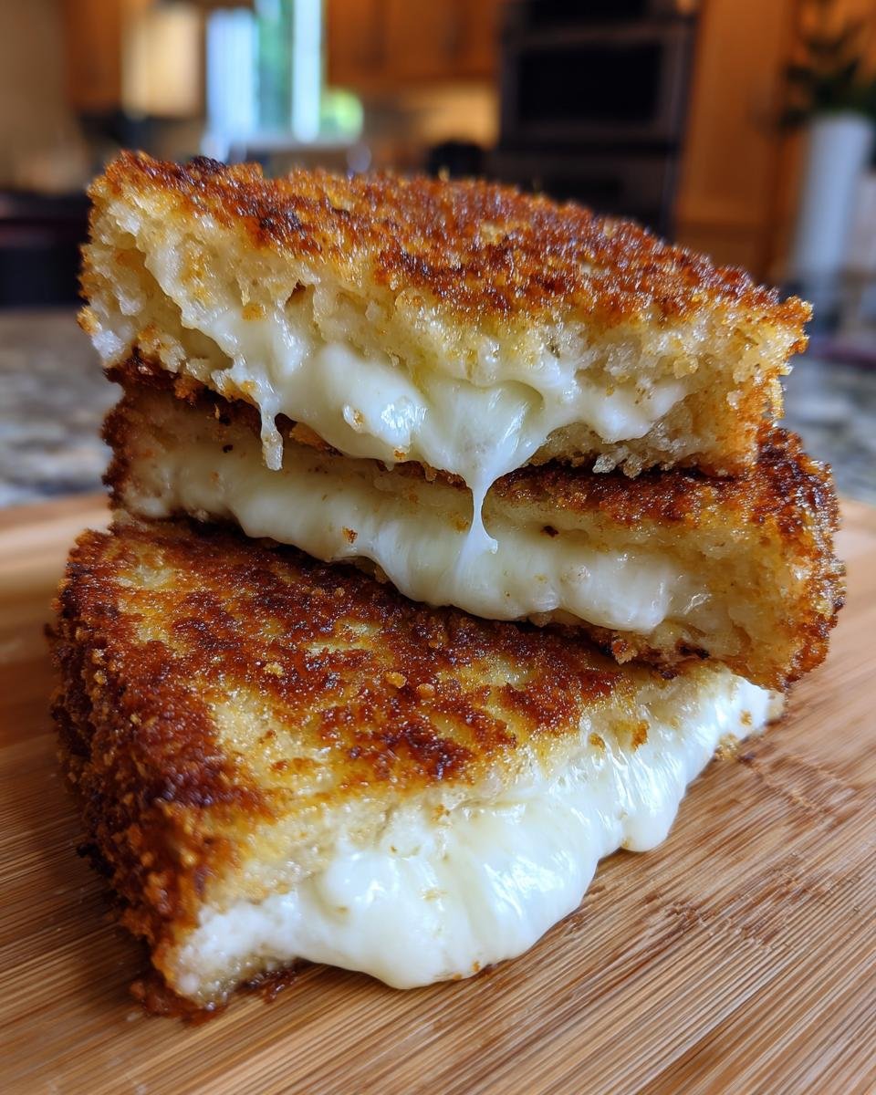 Two halves of golden brown Mozzarella In Carrozza stacked, showing melted, stringy mozzarella cheese oozing out.