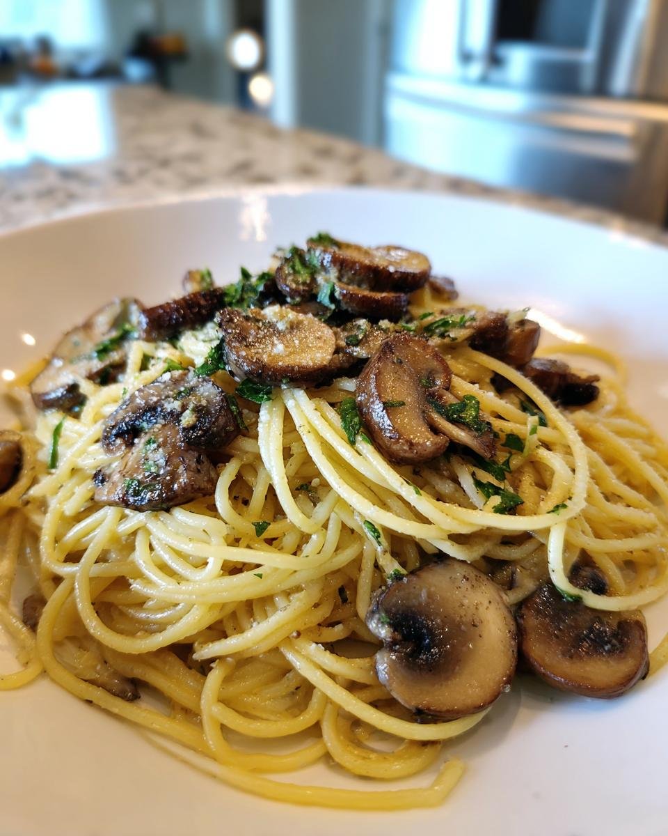 A close-up of a bowl of Mushroom And Garlic Spaghetti topped with saut&eacute;ed mushrooms and parsley.