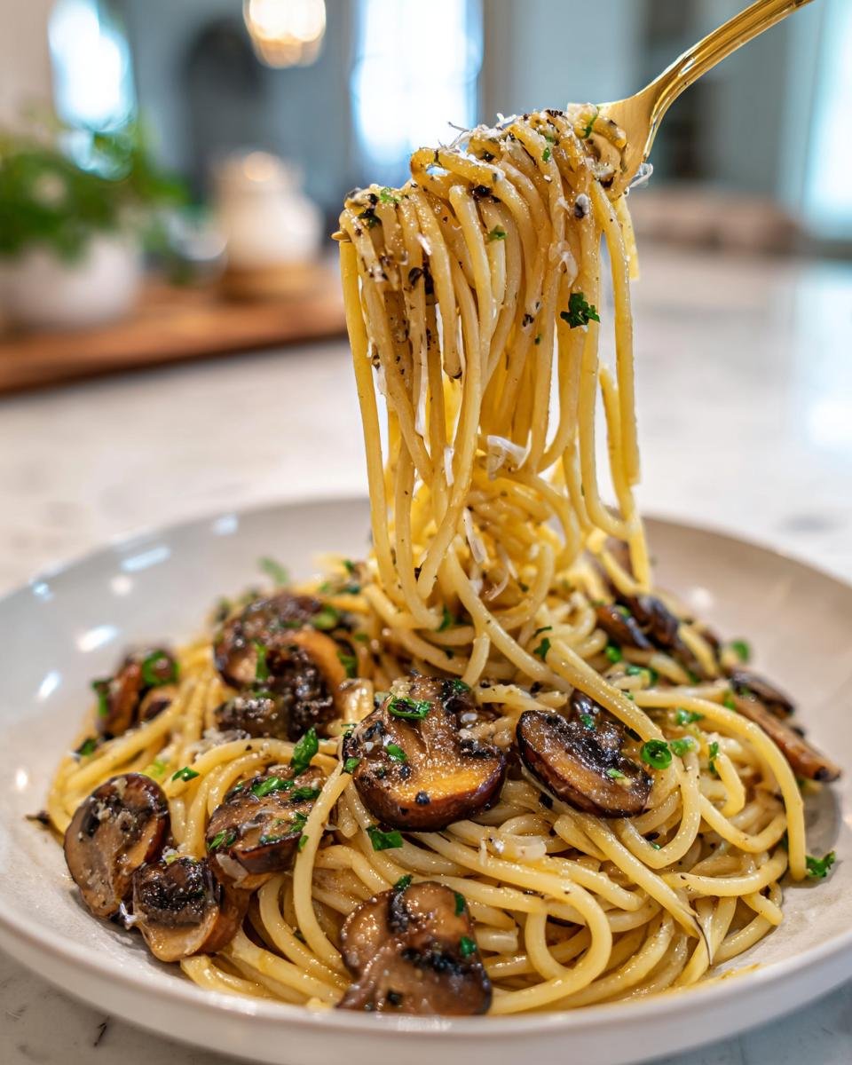 A golden fork lifts a twirl of Mushroom And Garlic Spaghetti from a white bowl topped with saut&eacute;ed mushrooms and parsley.