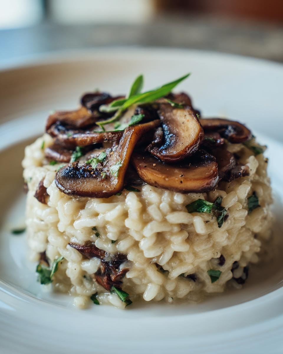 A perfectly molded serving of creamy Mushroom Sage Risotto topped with sautéed brown mushrooms and fresh sage leaves.