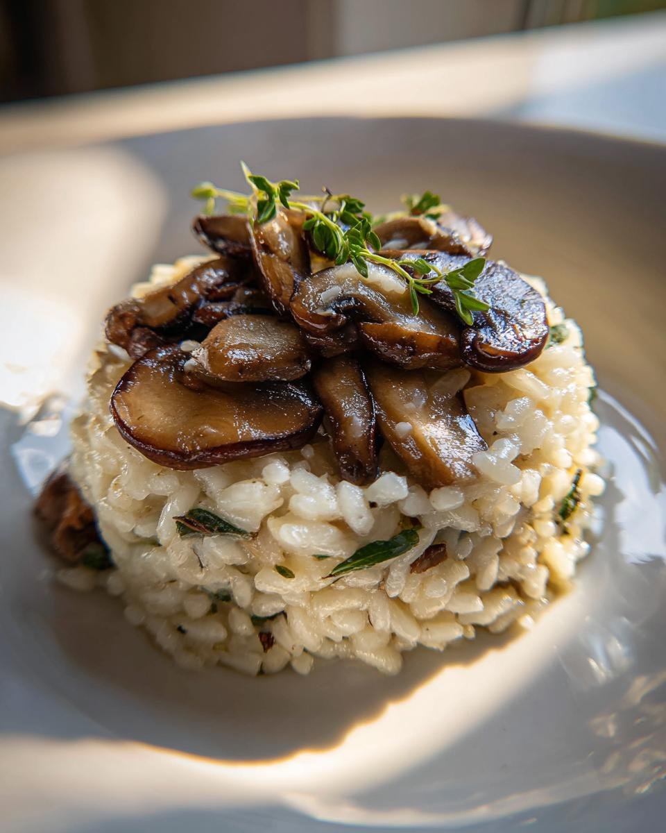 A perfectly molded serving of creamy Mushroom Sage Risotto topped with sautéed mushrooms and fresh thyme.
