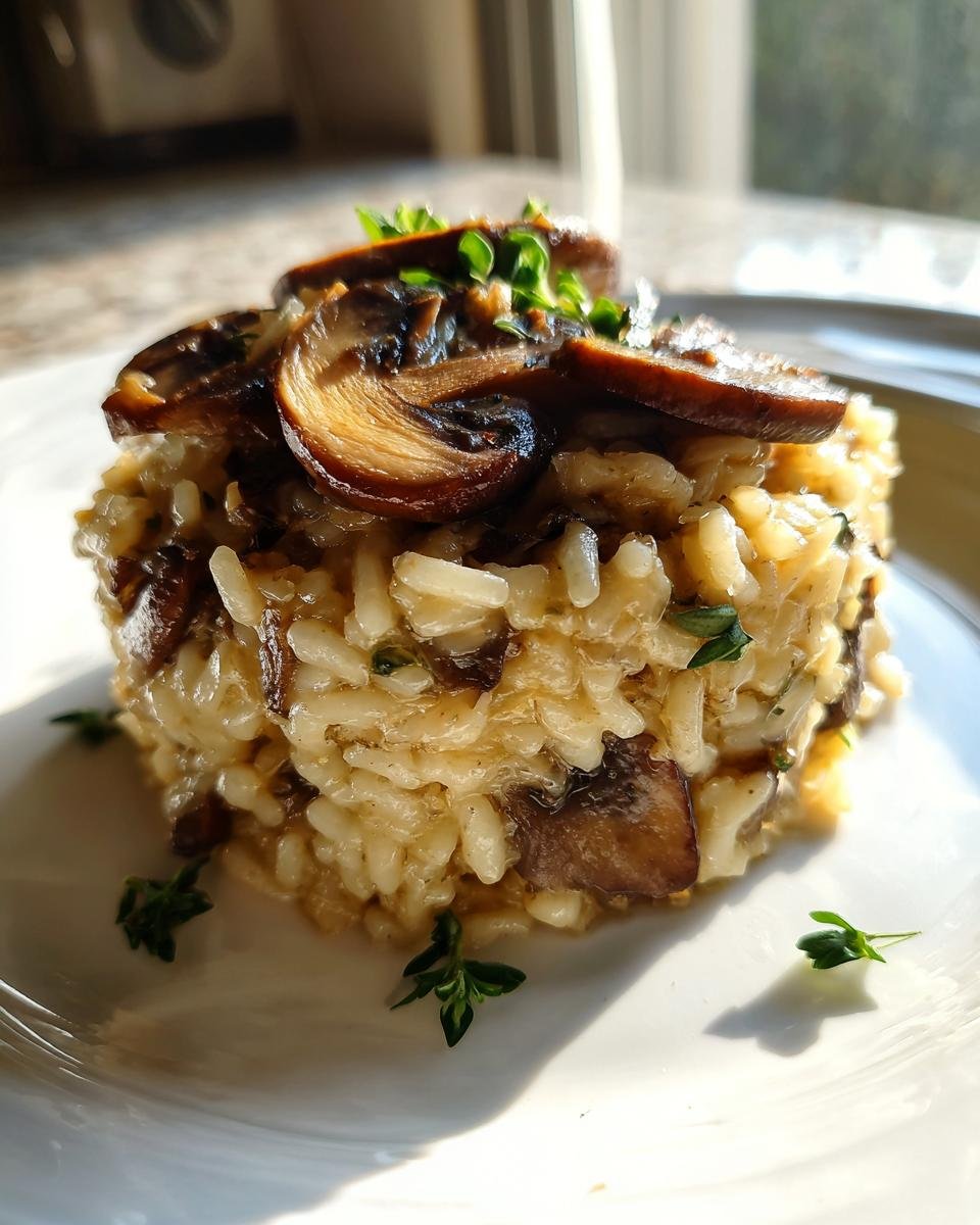 A perfectly molded serving of creamy Mushroom Sage Risotto topped with sautéed mushrooms and fresh thyme.