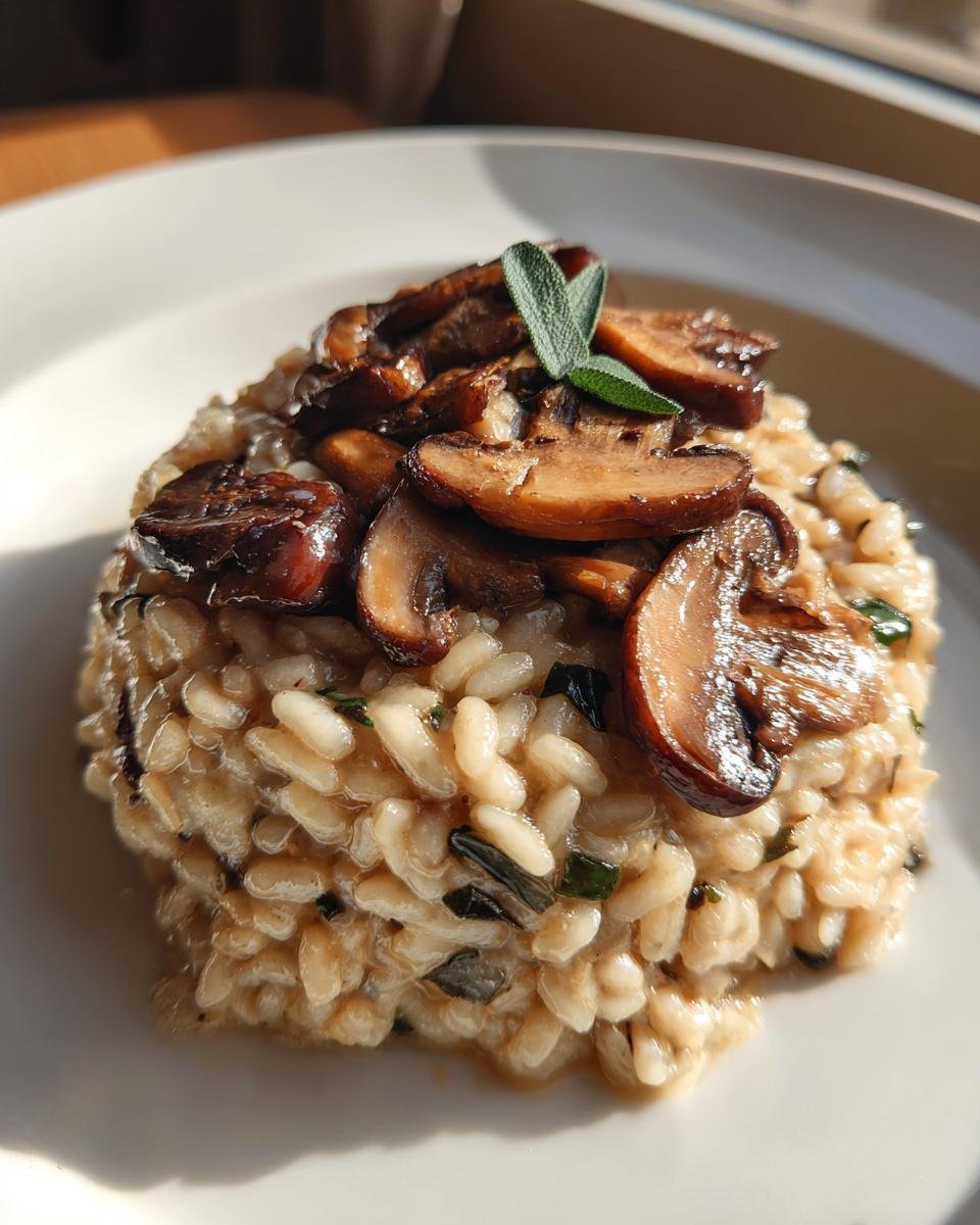 A close-up, sunlit serving of creamy Mushroom Sage Risotto topped with sautéed mushrooms and fresh sage leaves.