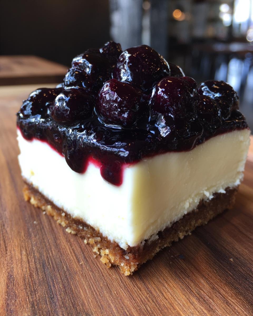 A perfect slice of No Bake Blueberry Cheesecake with thick blueberry topping on a wooden surface.
