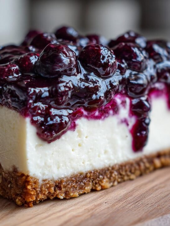 Close-up of a rich slice of No Bake Blueberry Cheesecake showing the creamy filling and thick blueberry topping.