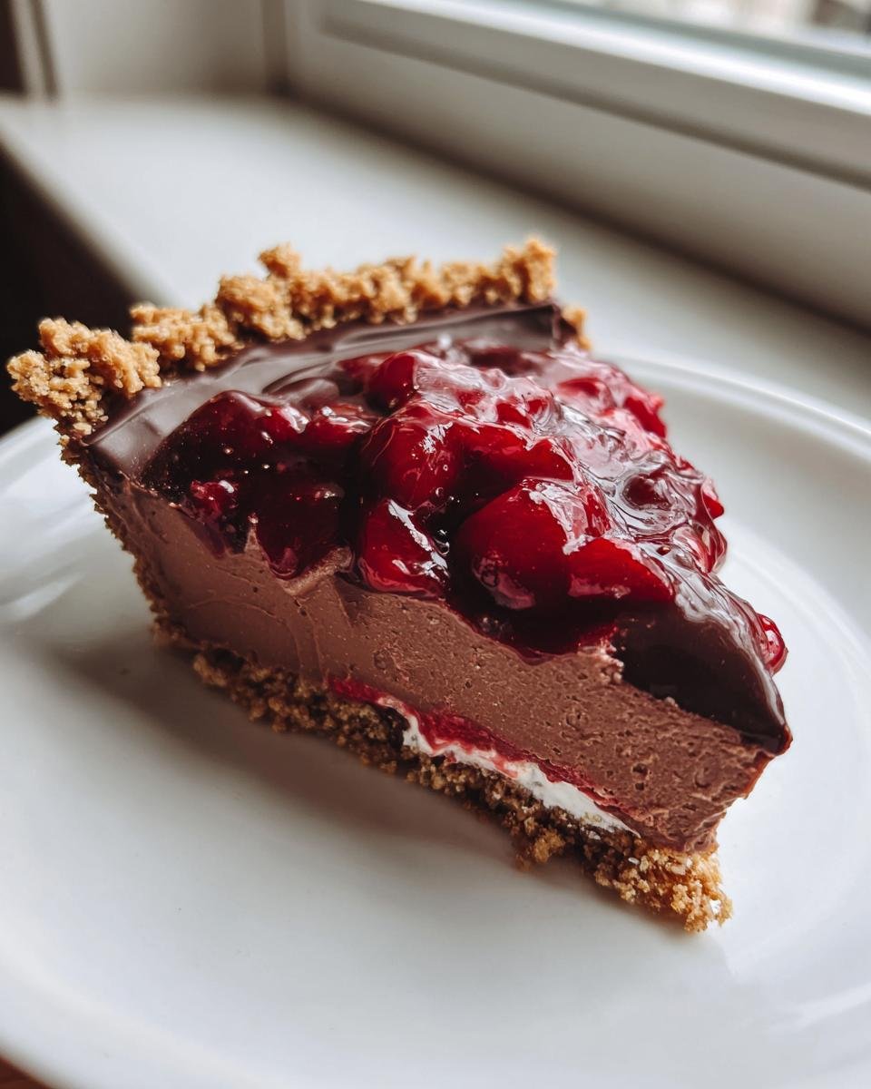 A close-up of a slice of Chocolate Cherry Cream Pie with a graham cracker crust and rich chocolate filling.