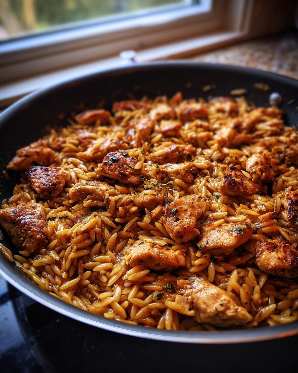 Close-up of seasoned, browned chicken pieces mixed with orzo pasta in a dark skillet, ready for serving the Chicken And Orzo dish.
