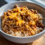 A close-up of One Pot Cajun Beef Cheddar mixture topped with melted cheddar cheese served over white rice in a bowl.