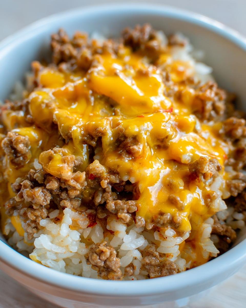 A close-up of One Pot Cajun Beef Cheddar mixture with melted cheddar cheese served over white rice in a bowl.